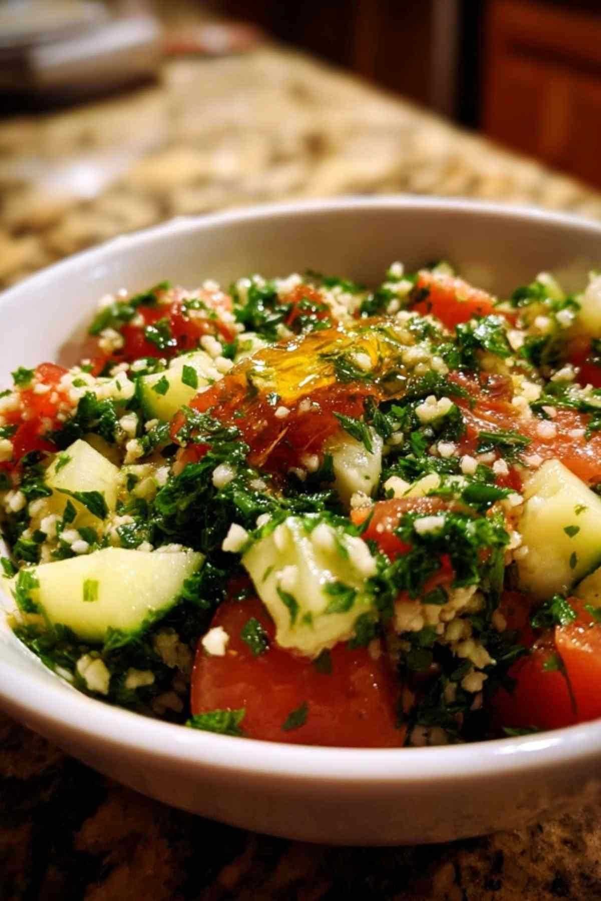 Ingrédients frais pour la recette du taboulé libanais : persil, menthe, tomates, citron.