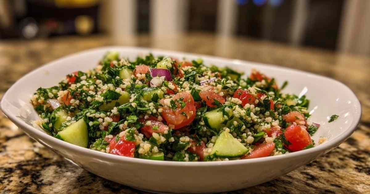 Personne mélangeant délicatement la salade de taboulé libanais avec des cuillères.