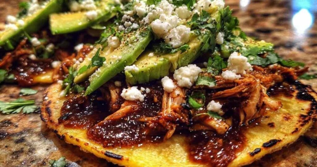 Trois tacos au mole et piments chipotle servis sur une assiette en céramique, garnis de fromage frais, d'avocat et de coriandre.