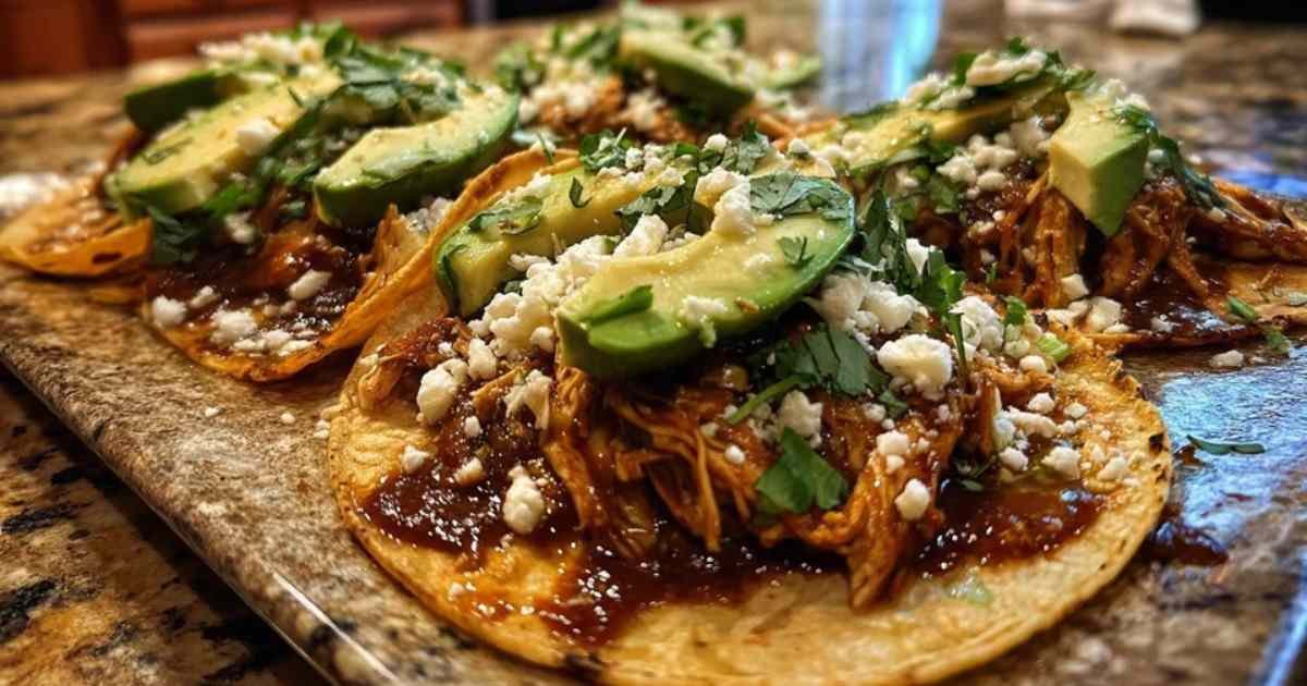 Ingrédients pour la recette de tacos au mole disposés sur une table en bois : piments chipotle, chocolat noir, tomates, oignon.