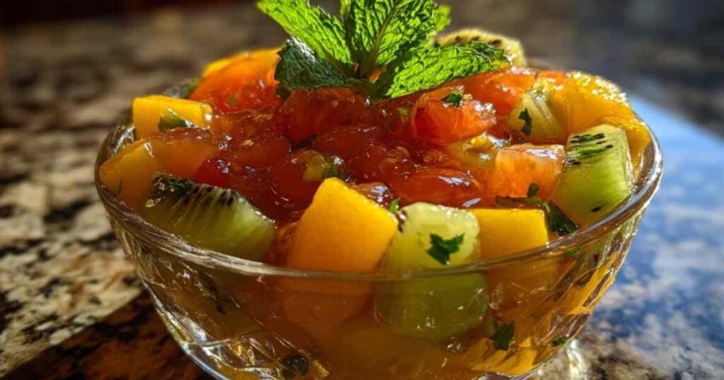 Tartare de fruits exotiques à la menthe servi dans une coupe en verre, avec des dés de mangue, kiwi et ananas.