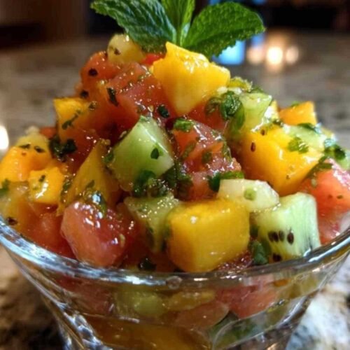 Ingrédients du tartare de fruits exotiques coupés en dés dans un grand bol blanc : mangue, ananas, kiwi, papaye.
