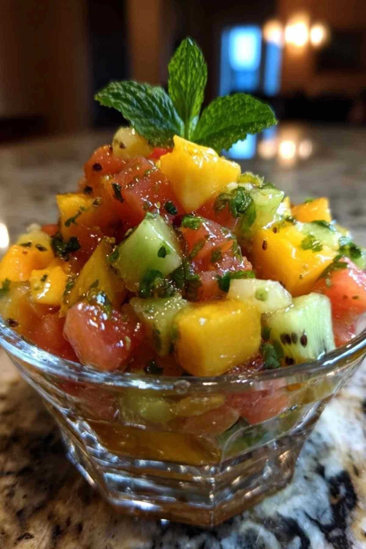 Ingrédients du tartare de fruits exotiques coupés en dés dans un grand bol blanc : mangue, ananas, kiwi, papaye.