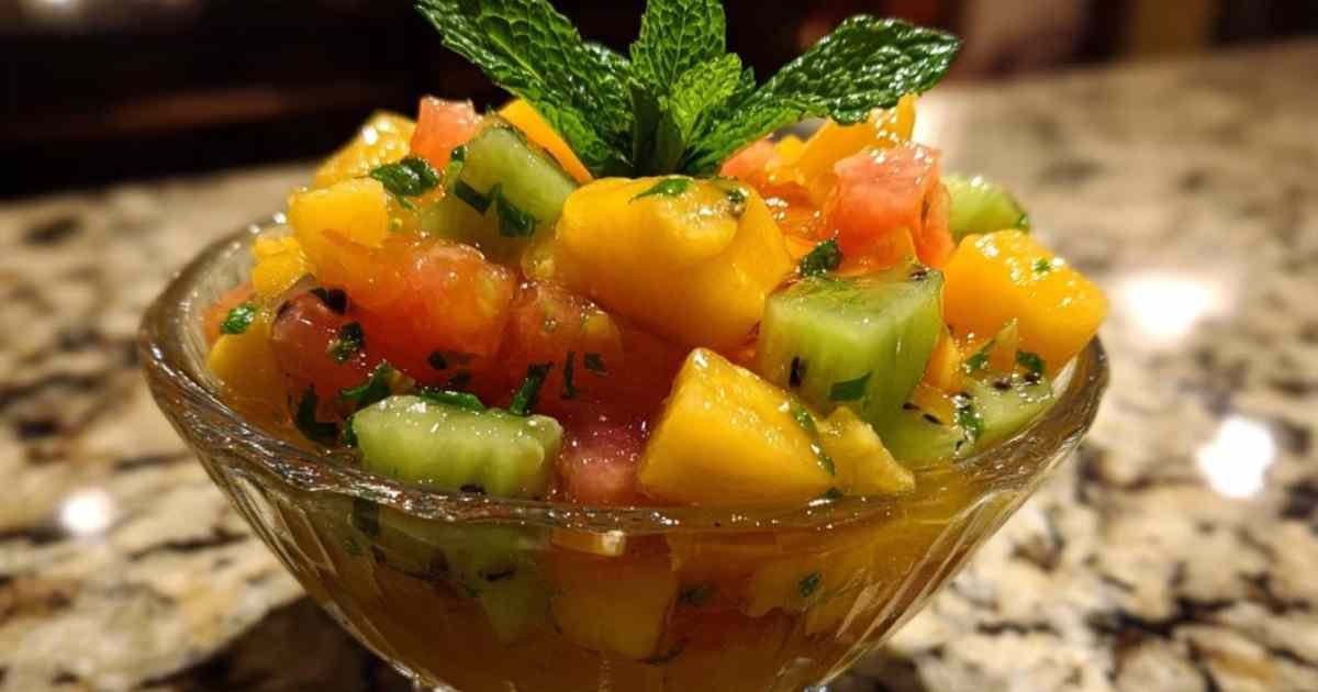 Composition montrant le tartare de fruits exotiques servi à côté des fruits entiers utilisés : une mangue, un ananas et un kiwi.