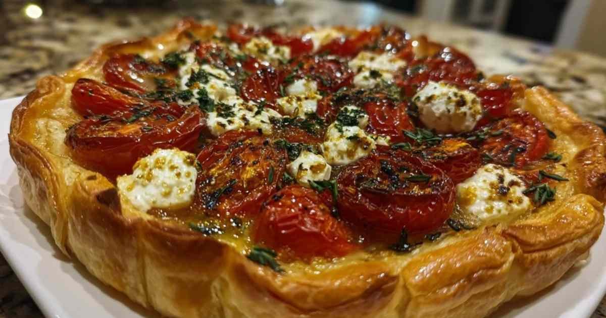 Tarte fine aux tomates et moutarde dorée sortant du four