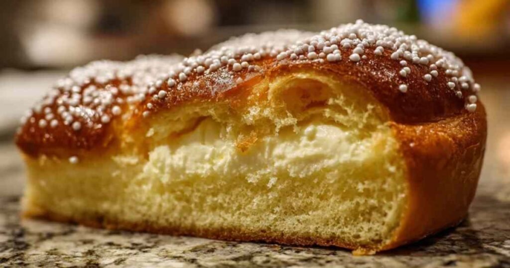 Tarte Tropézienne entière saupoudrée de sucre glace et de grains de sucre, servie sur un plat en céramique blanc.