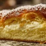 Tarte Tropézienne entière saupoudrée de sucre glace et de grains de sucre, servie sur un plat en céramique blanc.