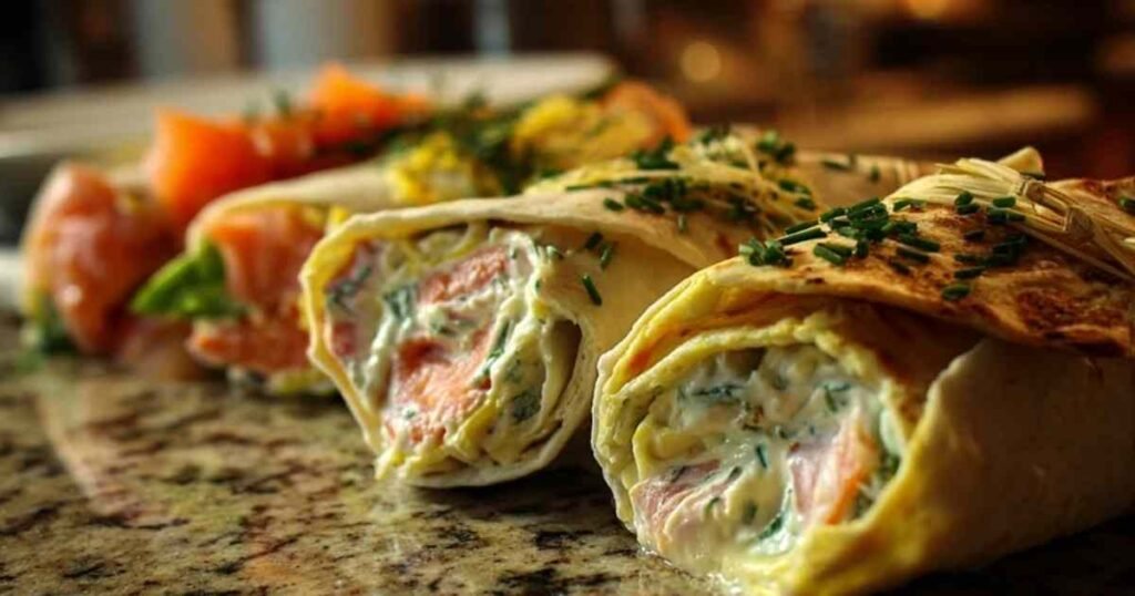 Deux moitiés de wraps au saumon, concombre et fromage frais, montrant la garniture colorée.
