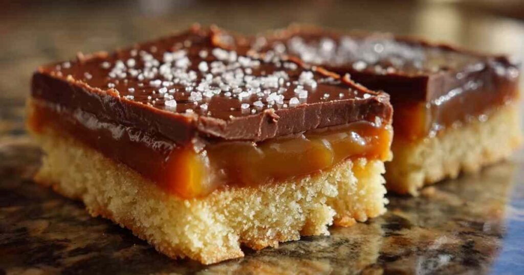 Parts de millionnaire shortbread découpées montrant les trois couches