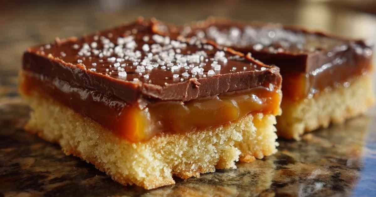 Parts de millionnaire shortbread découpées montrant les trois couches