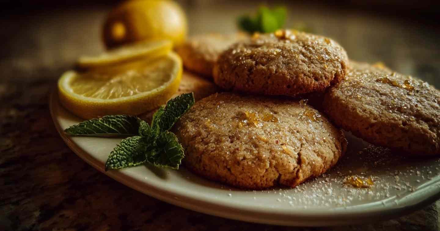 Biscuits diététiques au citron présentés sur une assiette avec une tasse de thé