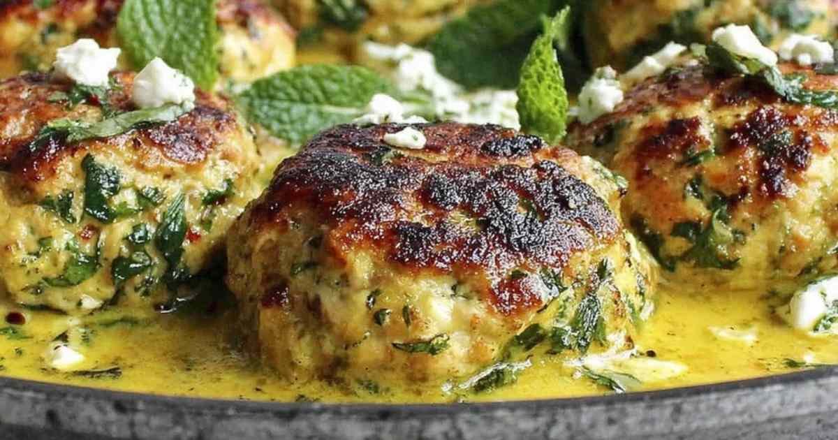 Assiette de boulettes courgettes feta avec sauce et menthe fraîche