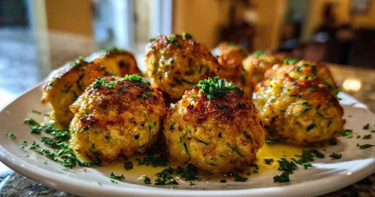 Boulettes de courgettes dorées disposées sur plaque de cuisson