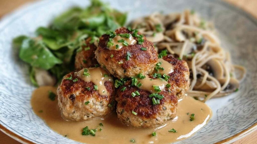 Boulettes poulet champignons servies assiette complète nouilles soba