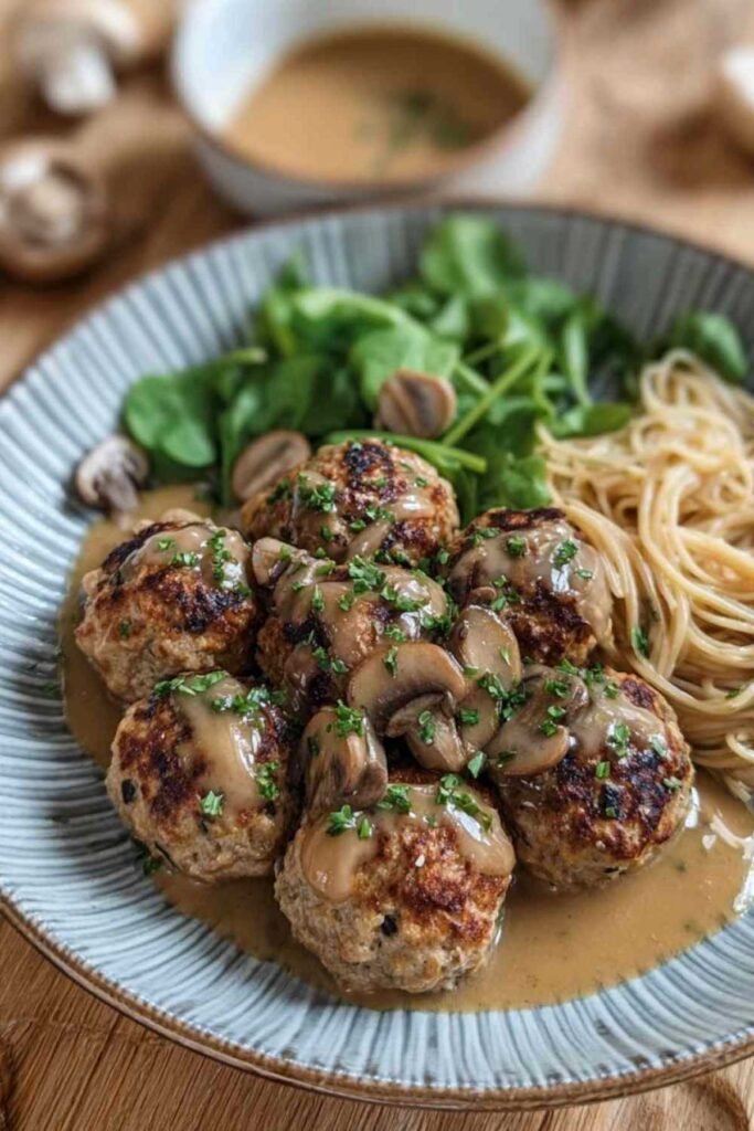 Boulettes poulet champignons servies assiette complète nouilles soba