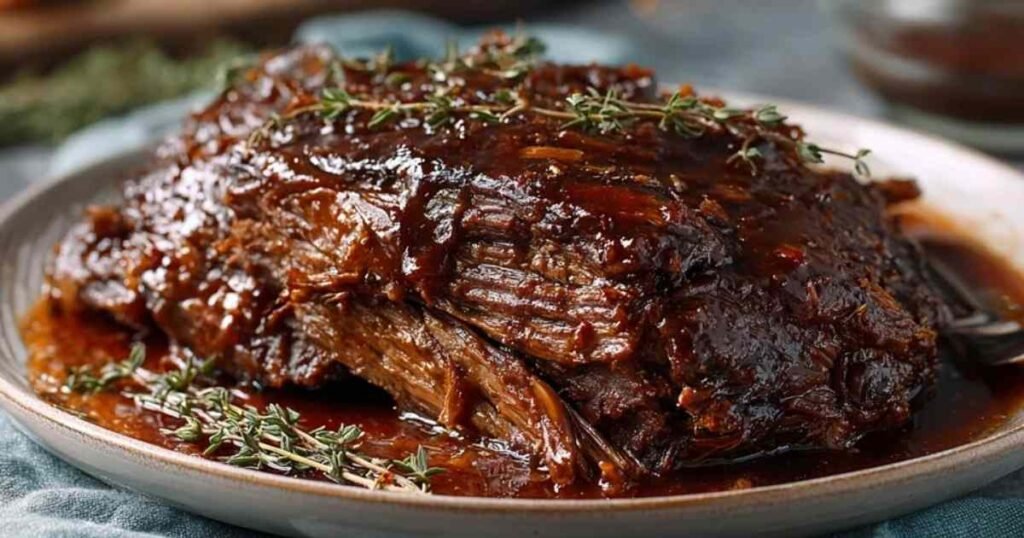 Cochon confit à la bière servi dans une assiette avec purée
