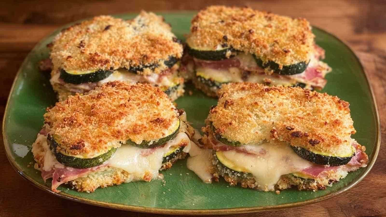 Cordons bleus de courgettes dorés sur une plaque de cuisson