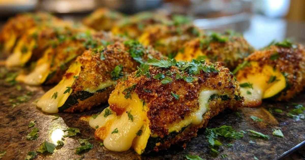 Cordons bleus de courgettes panés sur assiette avec persil