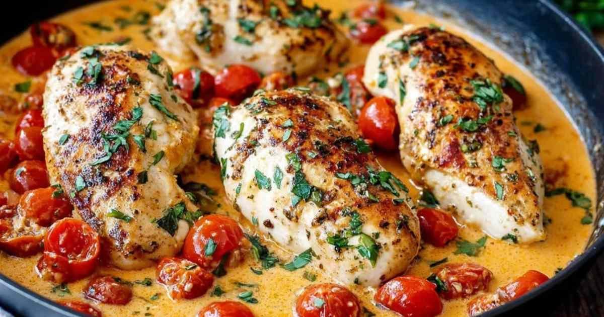 Filets de poulet à la crème de tomate servis dans une assiette blanche avec du riz