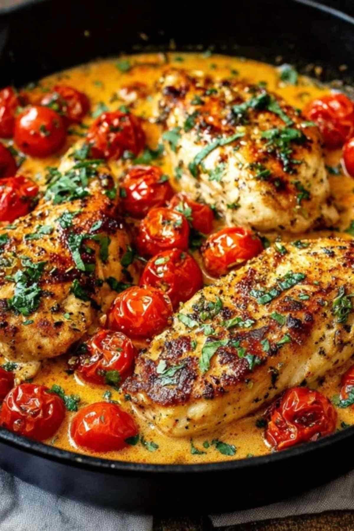 Ingrédients pour filets de poulet à la crème de tomate disposés sur un plan de travail