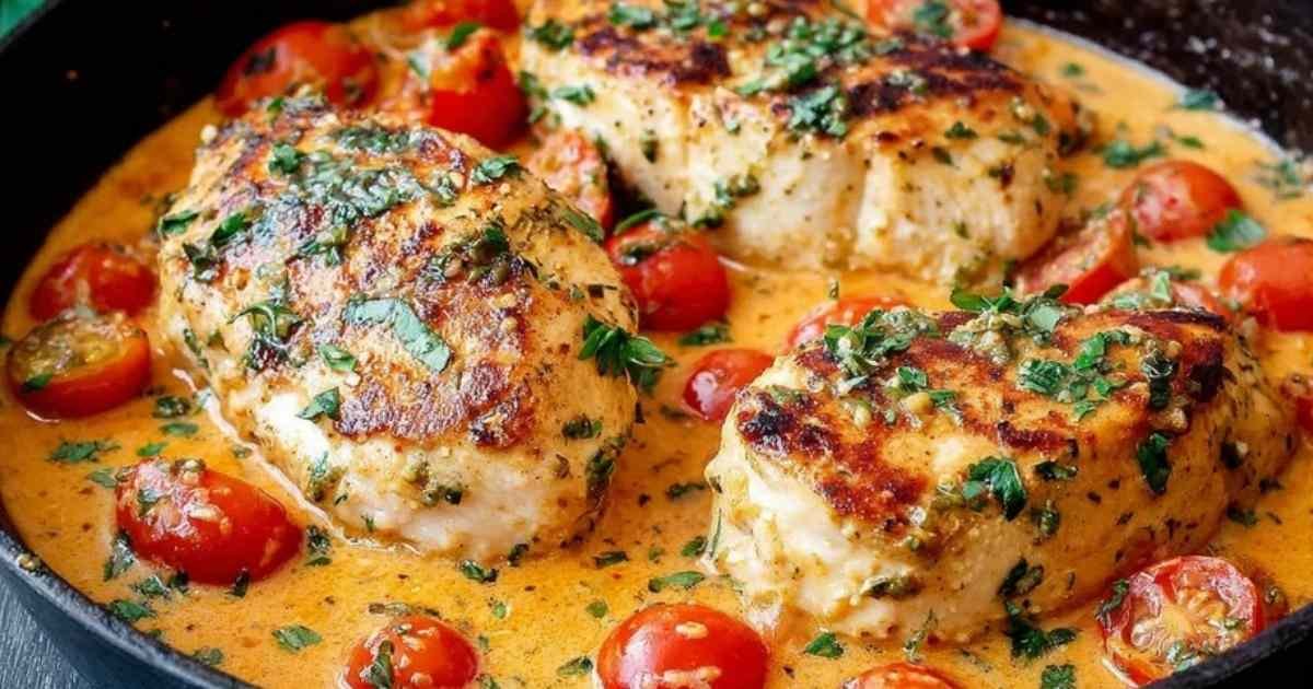 Poulet qui mijote dans la sauce crème de tomate dans une poêle