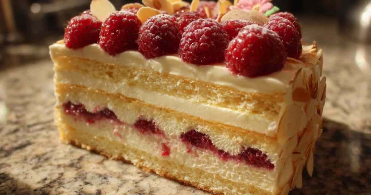 Framboisier maison décoré de framboises fraîches et amandes effilées