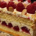 Part de framboisier montrant les couches génoise crème et framboises