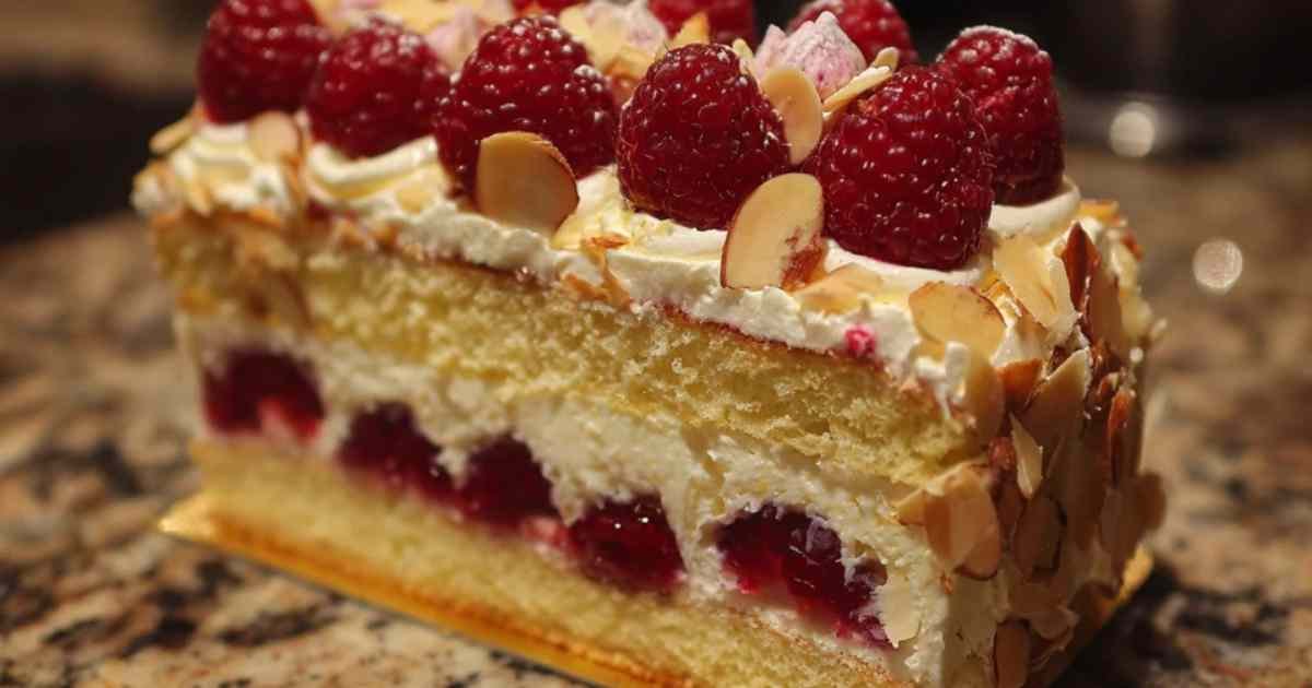 Part de framboisier montrant les couches génoise crème et framboises