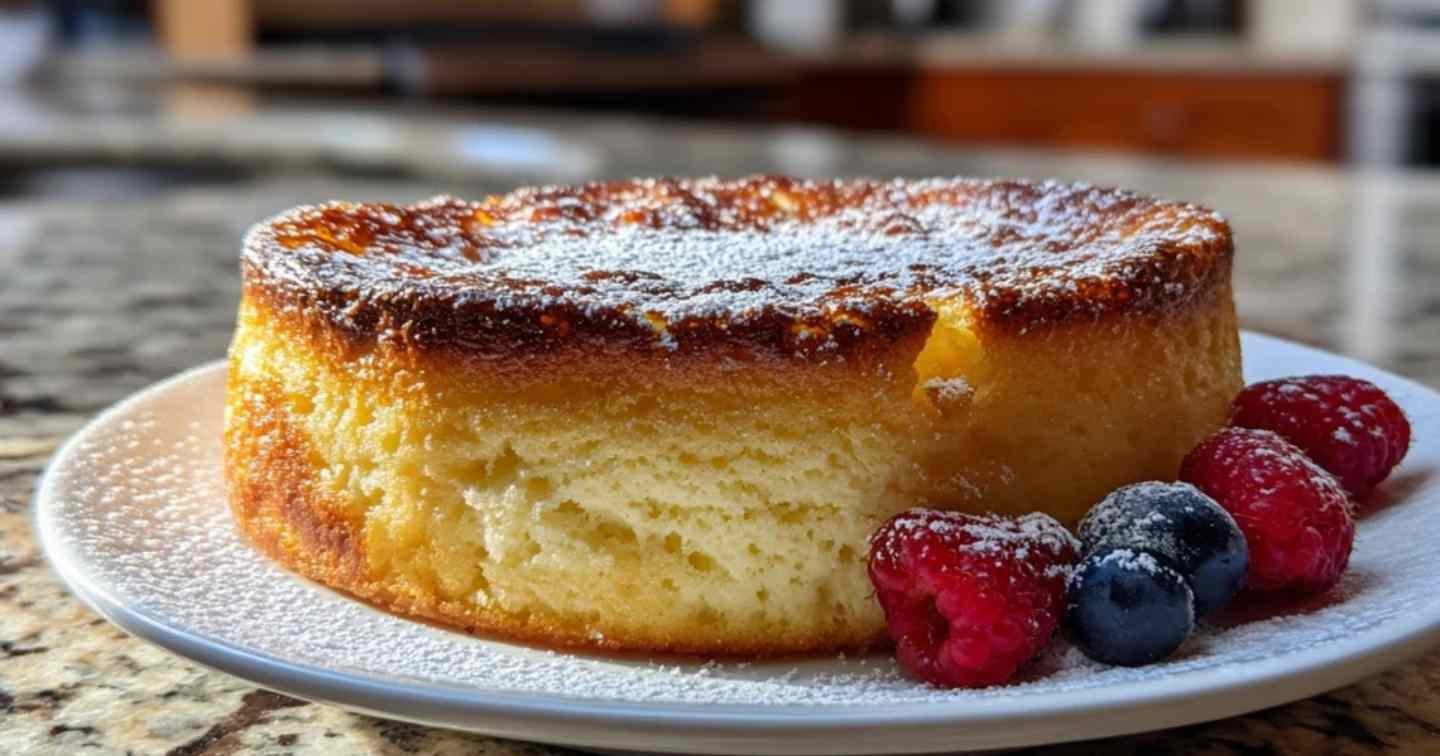 Gâteau au yaourt sans sucre doré sur un présentoir blanc
