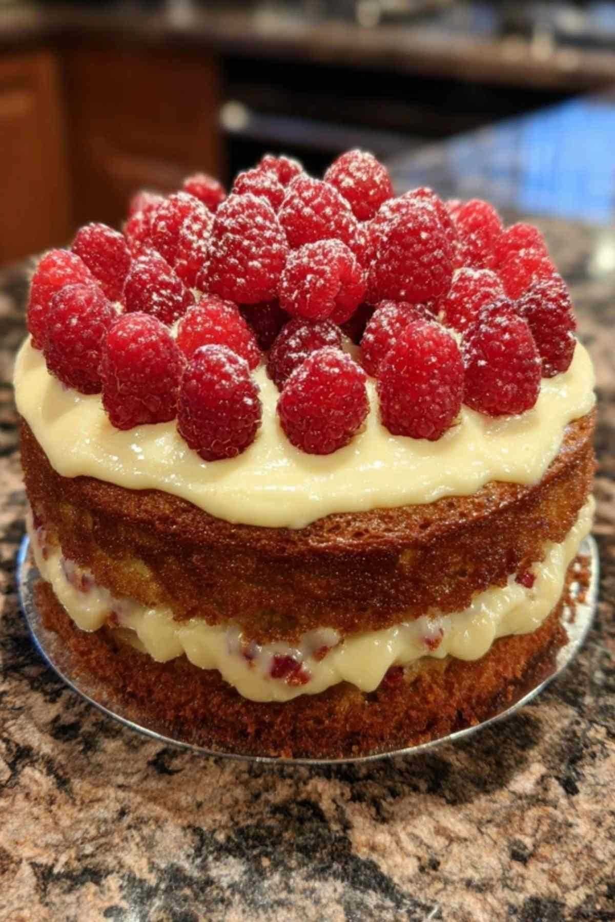 Gâteau aux framboises à trois étages avec crème au beurre rose