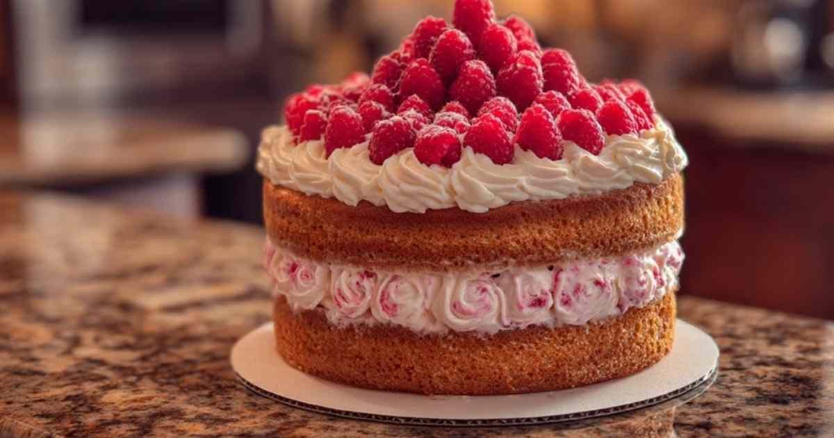 Part de gâteau aux framboises avec fourchette sur assiette