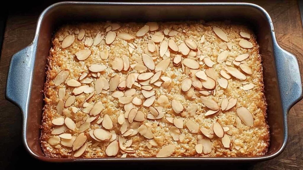 Gâteau aux flocons d'avoine léger moelleux coupé en parts sur planche en bois