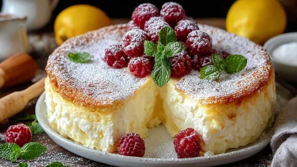 Gâteau moelleux aux yaourts doré coupé en parts sur une assiette blanche