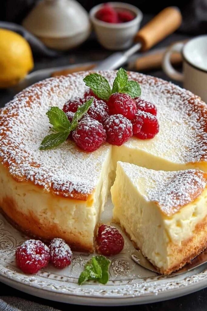 Gâteau aux yaourts doré coupé en parts sur une assiette