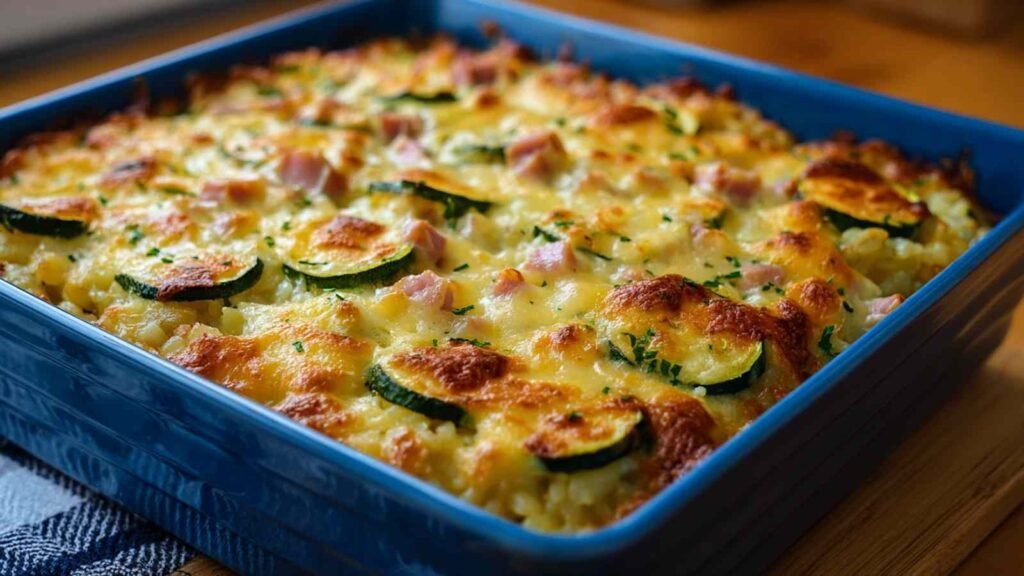 Gratin doré de courgettes jambon et riz dans un plat de cuisson