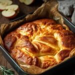Gâteau invisible aux pommes healthy coupé en parts sur une planche en bois