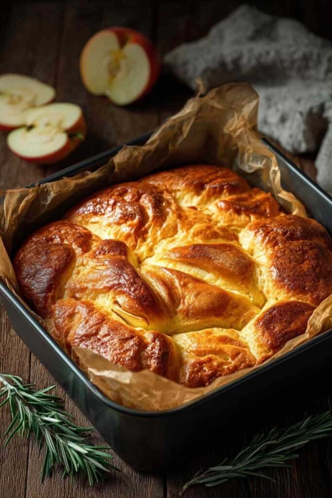 Gâteau invisible aux pommes healthy coupé en parts sur une planche en bois
