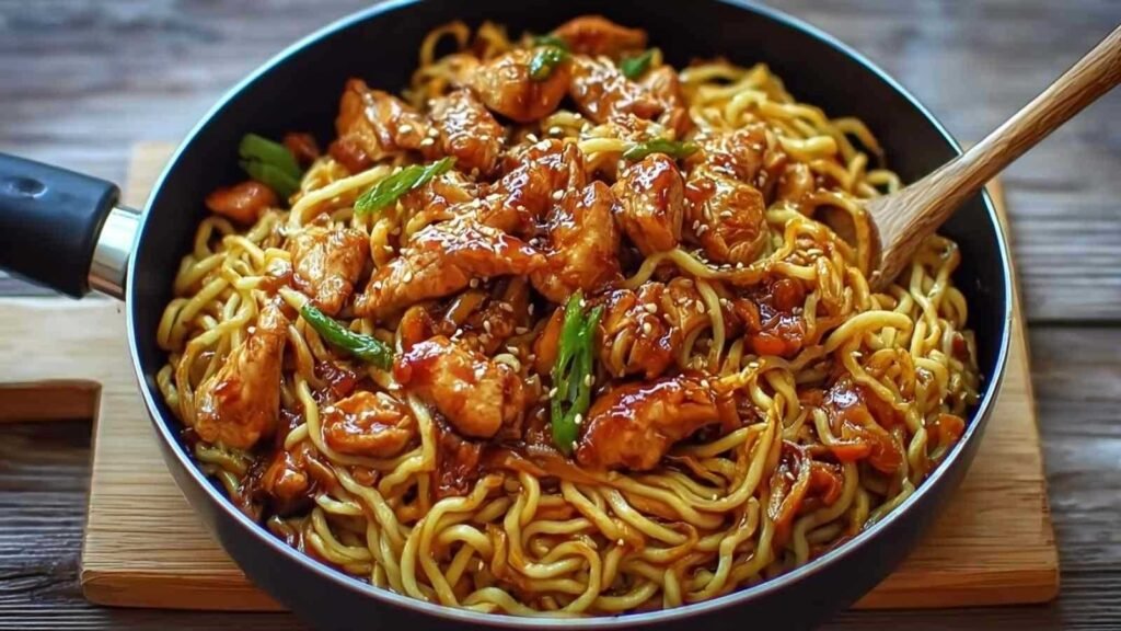 Nouilles sautées au poulet caramélisé avec poivron rouge et carotte