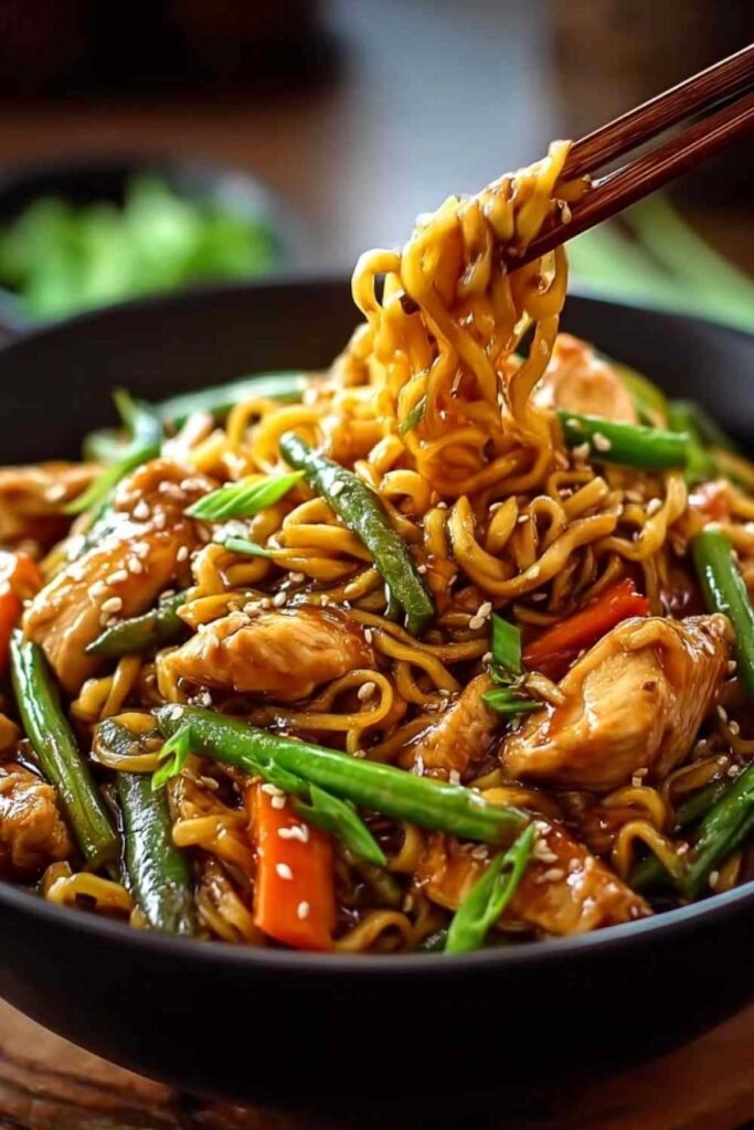 Nouilles de riz sautées avec morceaux de poulet caramélisé et légumes colorés