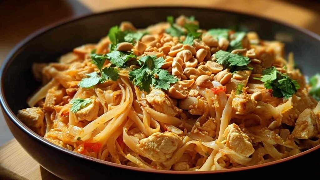 Nouilles thaï au poulet et cacahuètes servies dans un bol avec légumes frais