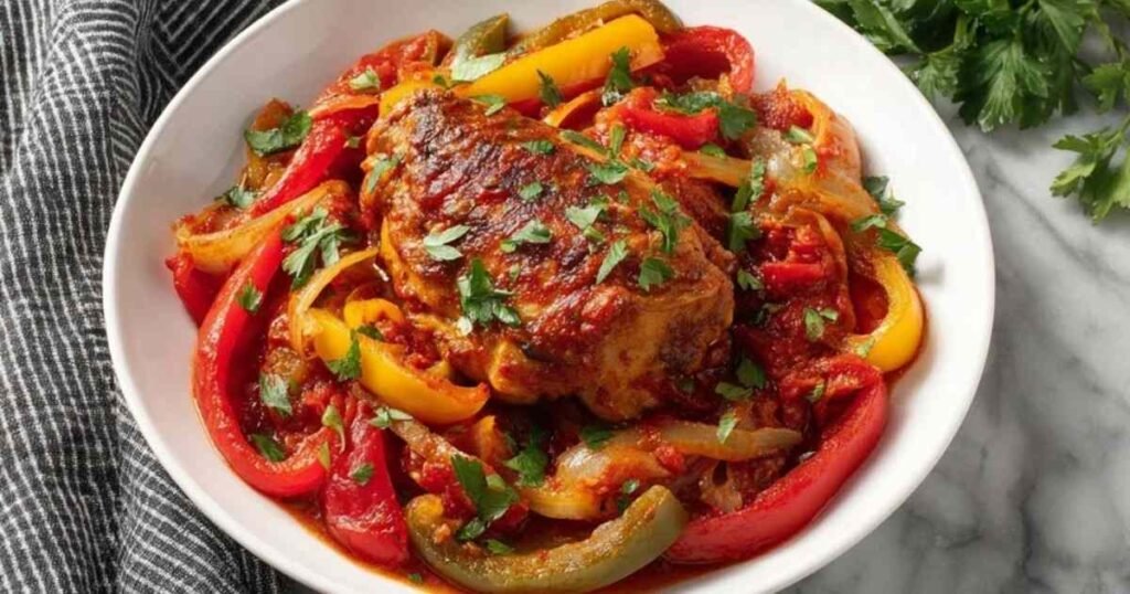 Poulet basquaise servi dans une cocotte avec poivrons colorés
