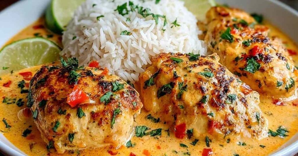 Poulet coco pimenté brésilien dans une cocotte avec coriandre fraîche