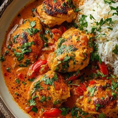 Poulet coco pimenté brésilien servi avec du riz dans une assiette blanche