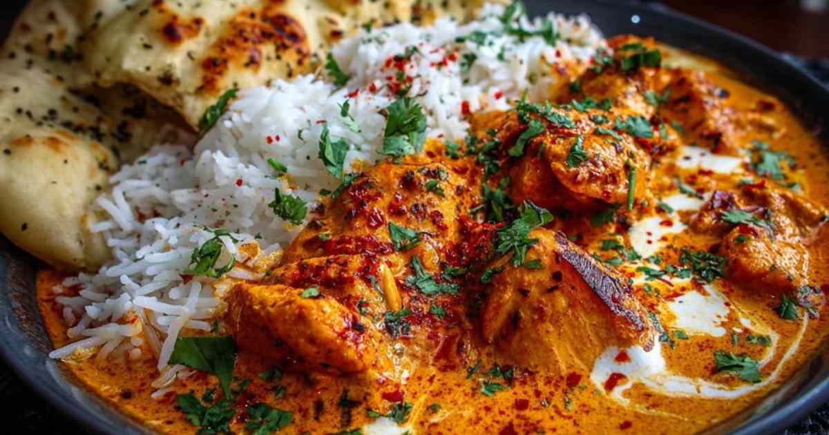Poulet tikka masala servi avec riz basmati et coriandre fraîche