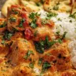 Poulet tikka masala en cours de cuisson dans poêle avec sauce