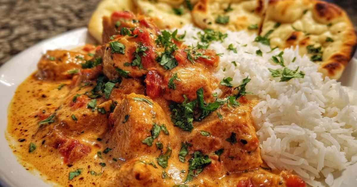Poulet tikka masala en cours de cuisson dans poêle avec sauce