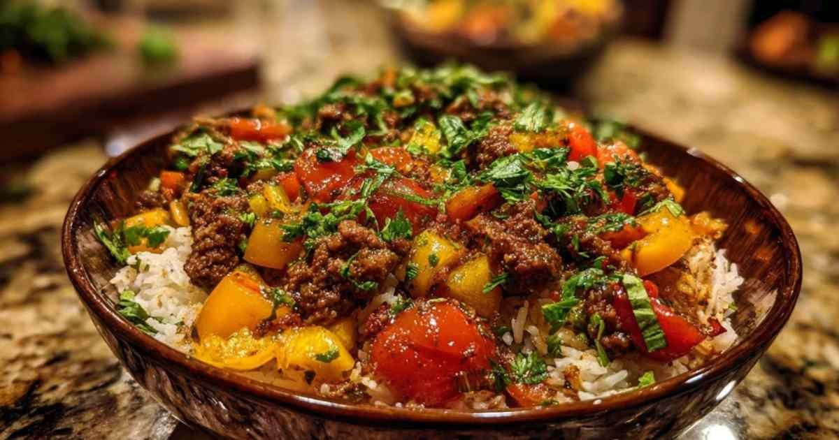 Plat de riz et bœuf coloré dans une grande casserole avec poivrons