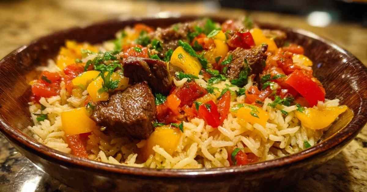 Portion de riz et bœuf servie dans assiette avec fourchette