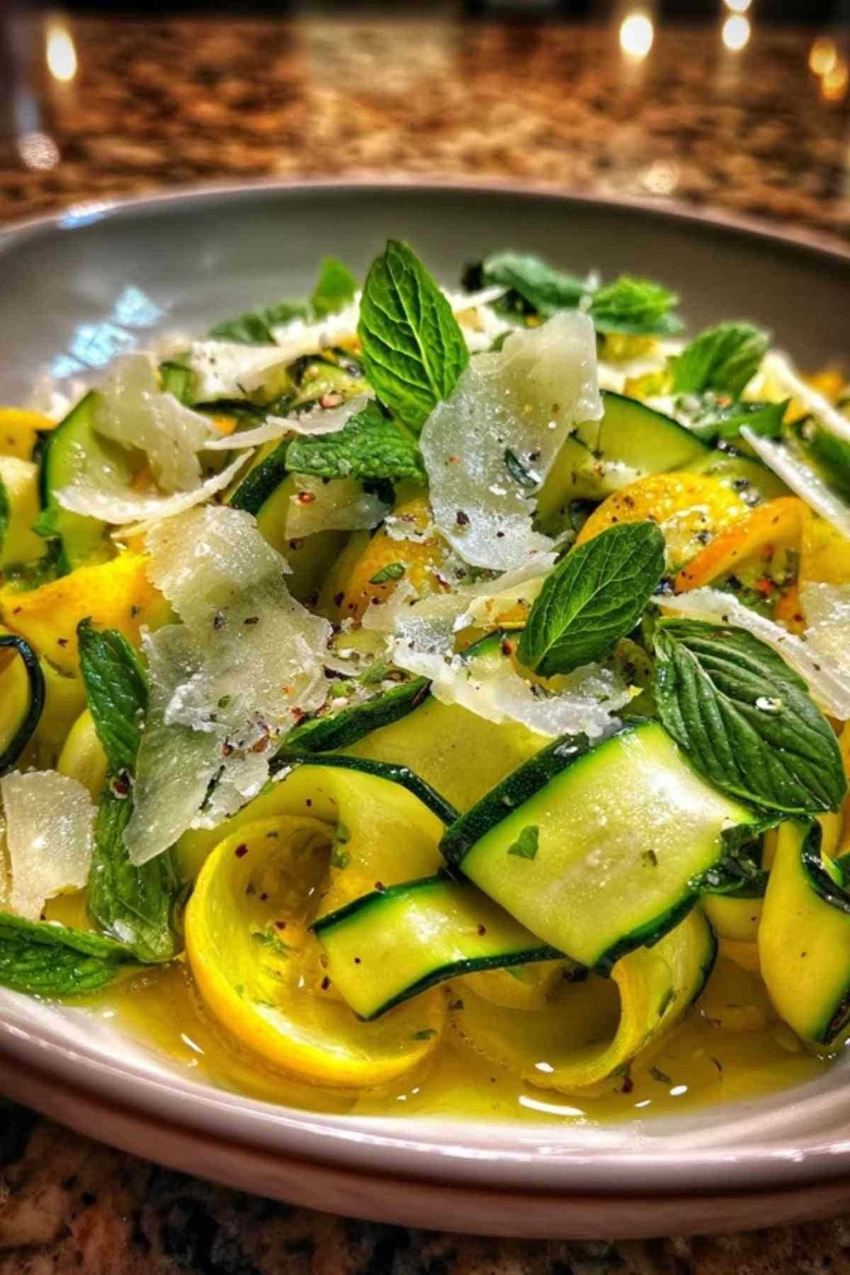 Salade de courgettes crues en tagliatelles avec copeaux de parmesan et menthe fraîche