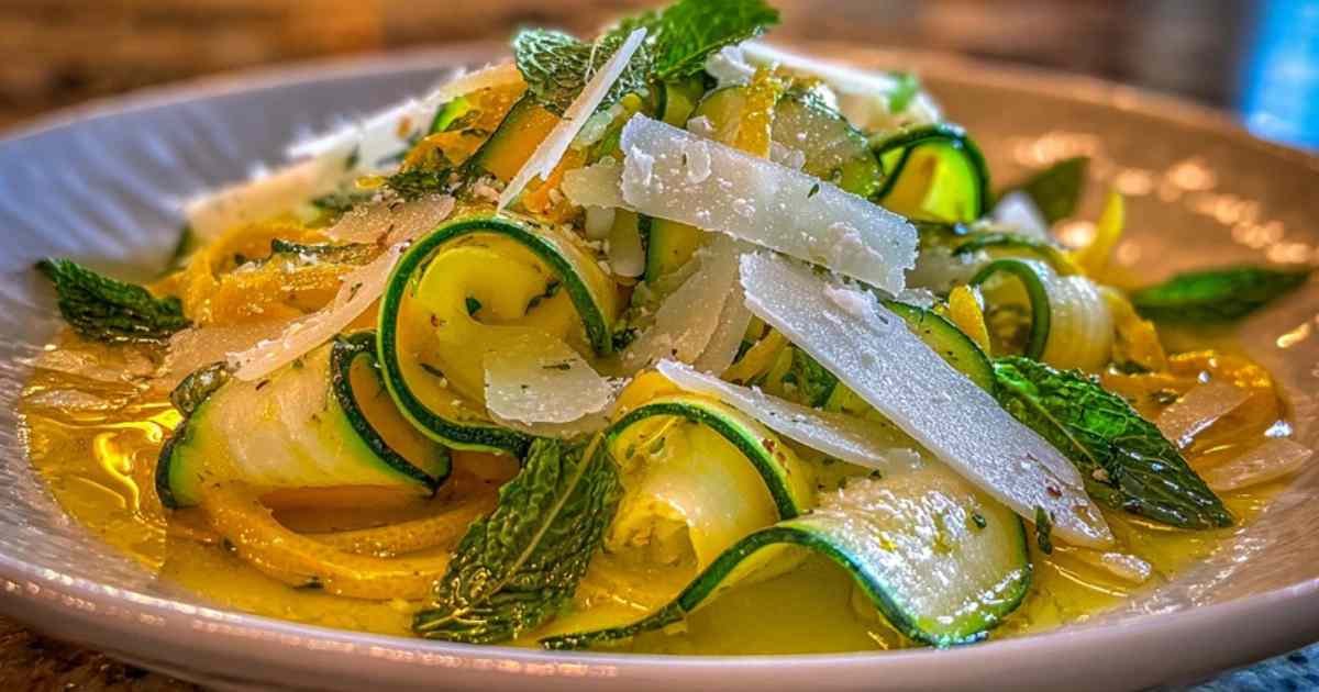 Préparation des tagliatelles de courgettes avec un économe sur planche en bois